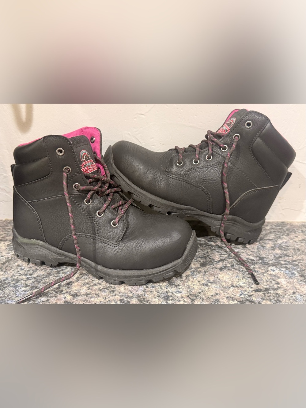 Brahma Bevel Women's Size 6 Work Boots Black Pink Lace Up Steel Toe